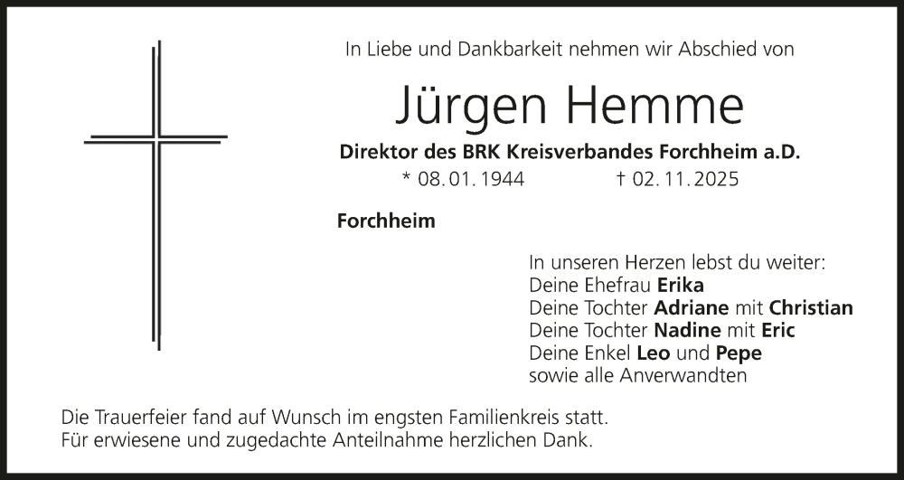  Traueranzeige für Jürgen Hemme vom 06.12.2025 aus MGO