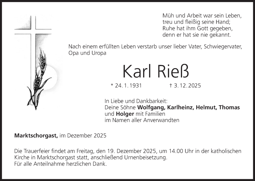  Traueranzeige für Karl Rieß vom 13.12.2025 aus MGO