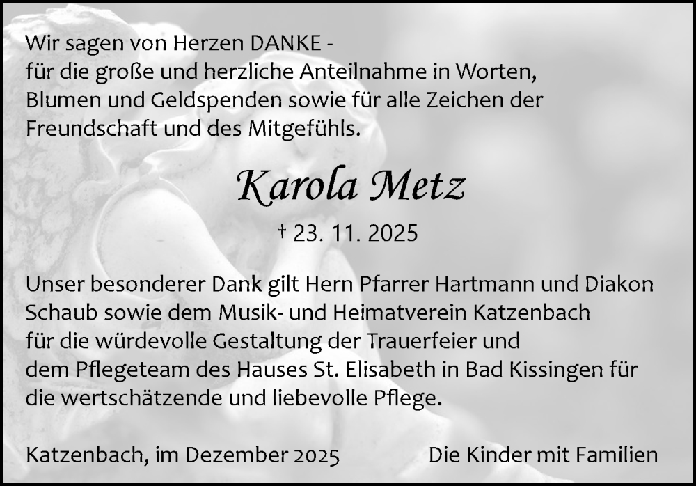  Traueranzeige für Karola Metz vom 17.12.2025 aus MGO