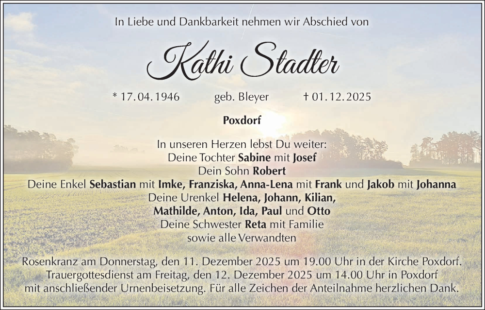  Traueranzeige für Kathi Stadter vom 06.12.2025 aus MGO