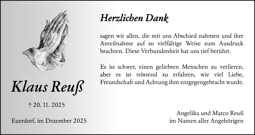  Traueranzeige für Klaus Reuß vom 13.12.2025 aus MGO