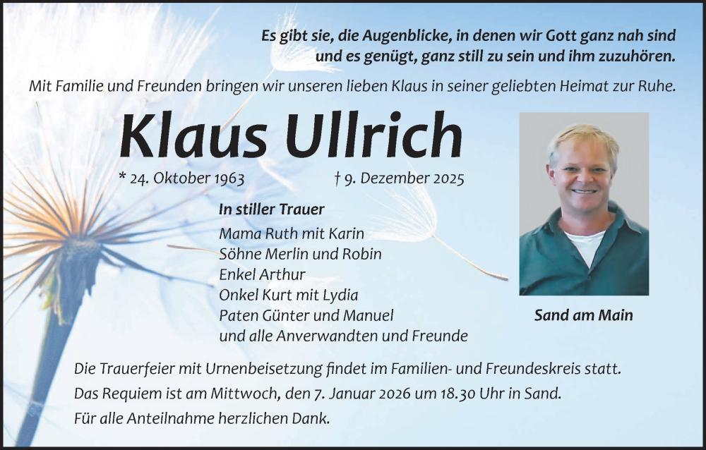  Traueranzeige für Klaus Ullrich vom 27.12.2025 aus MGO