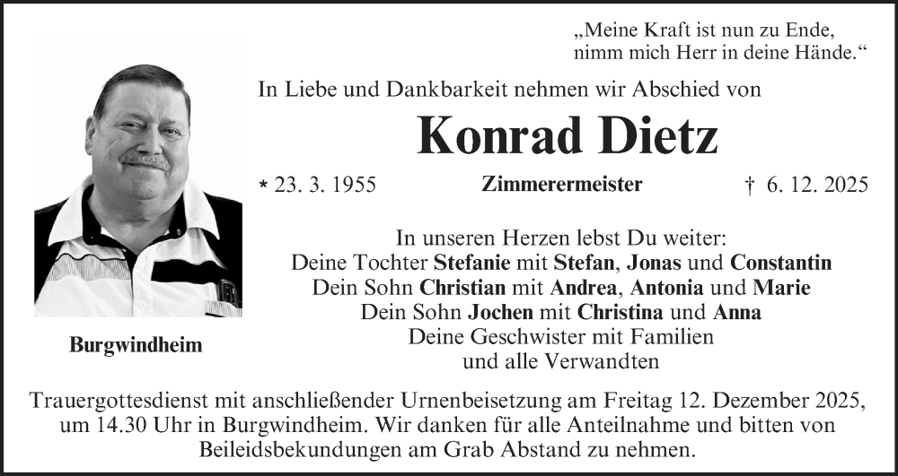  Traueranzeige für Konrad Dietz vom 09.12.2025 aus MGO