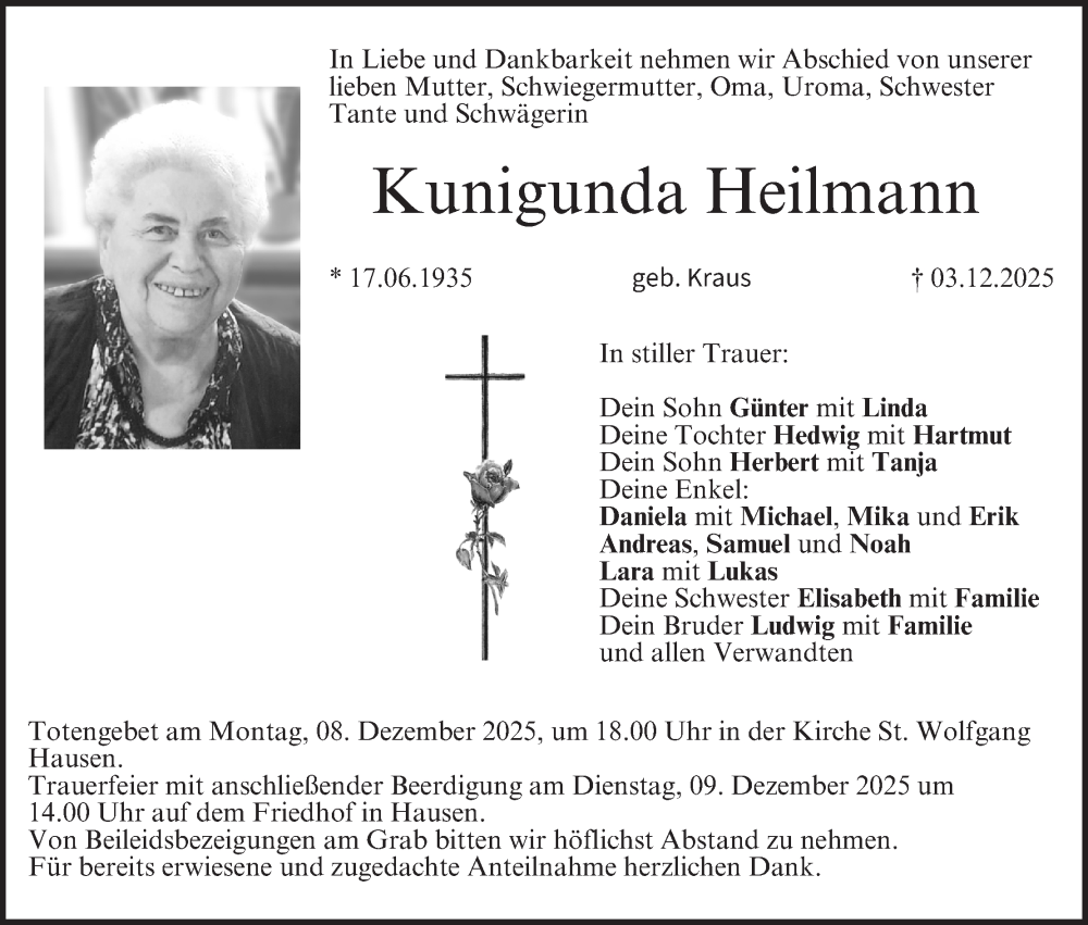  Traueranzeige für Kunigunda Heilmann vom 06.12.2025 aus MGO