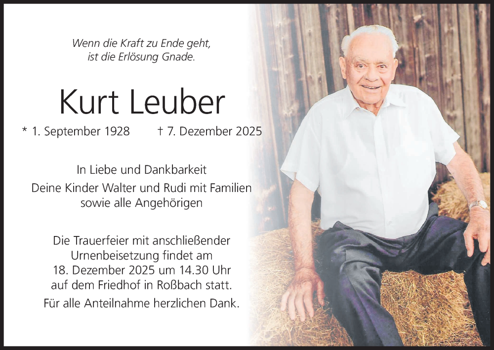  Traueranzeige für Kurt Leuber vom 15.12.2025 aus MGO
