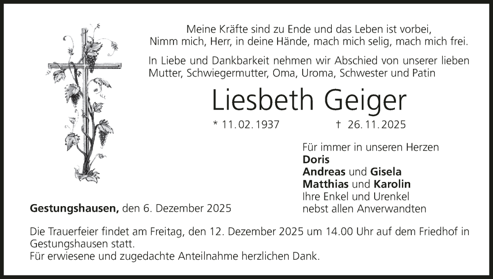  Traueranzeige für Liesbeth Geiger vom 06.12.2025 aus MGO