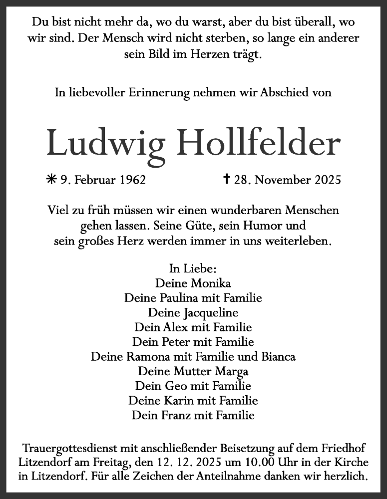  Traueranzeige für Ludwig Hollfelder vom 06.12.2025 aus MGO