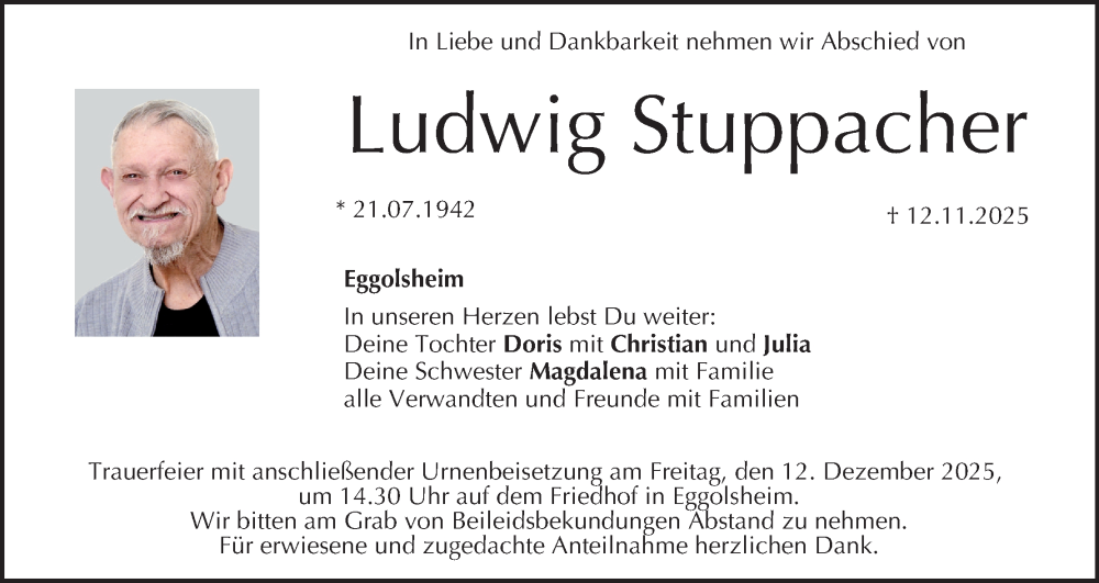  Traueranzeige für Ludwig Stuppacher vom 06.12.2025 aus MGO