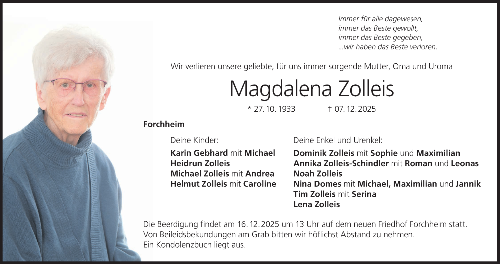  Traueranzeige für Magdalena Zolleis vom 12.12.2025 aus MGO