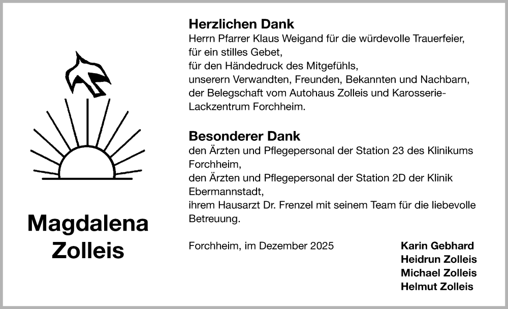  Traueranzeige für Magdalena Zolleis vom 27.12.2025 aus MGO