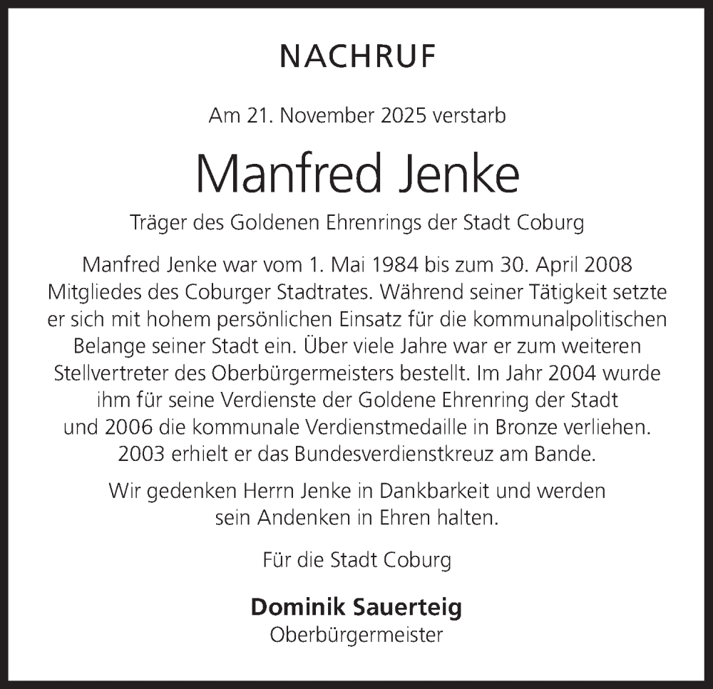  Traueranzeige für Manfred Jenke vom 03.12.2025 aus MGO
