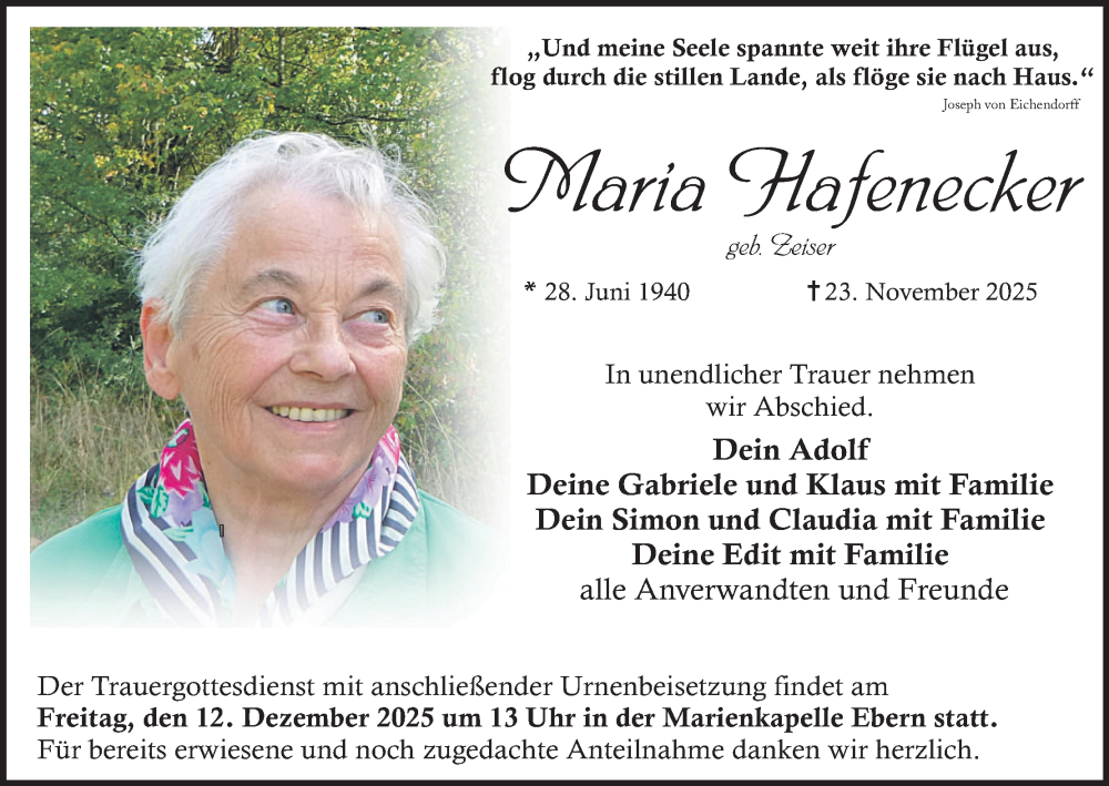  Traueranzeige für Maria Hafenecker vom 10.12.2025 aus MGO