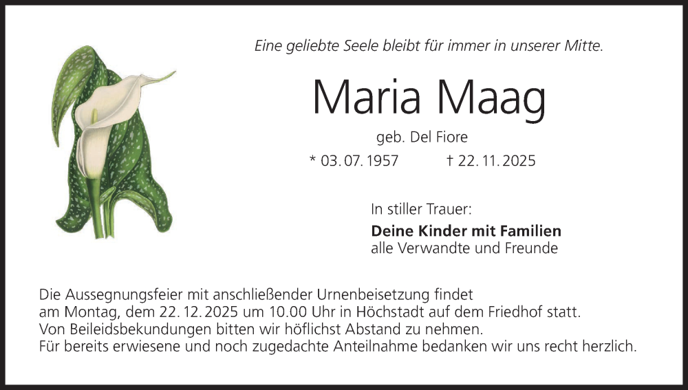  Traueranzeige für Maria Maag vom 18.12.2025 aus MGO