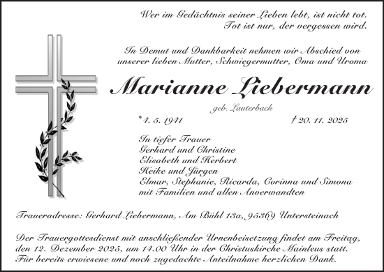 Anzeige von Marianne Liebermann von MGO