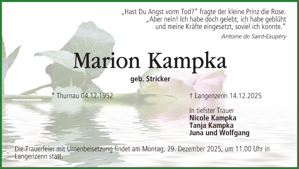  Traueranzeige für Marion Kampka vom 27.12.2025 aus MGO