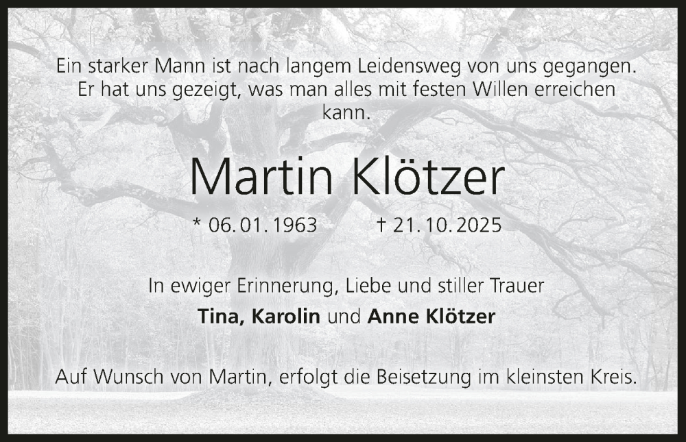  Traueranzeige für Martin Klötzer vom 06.12.2025 aus MGO