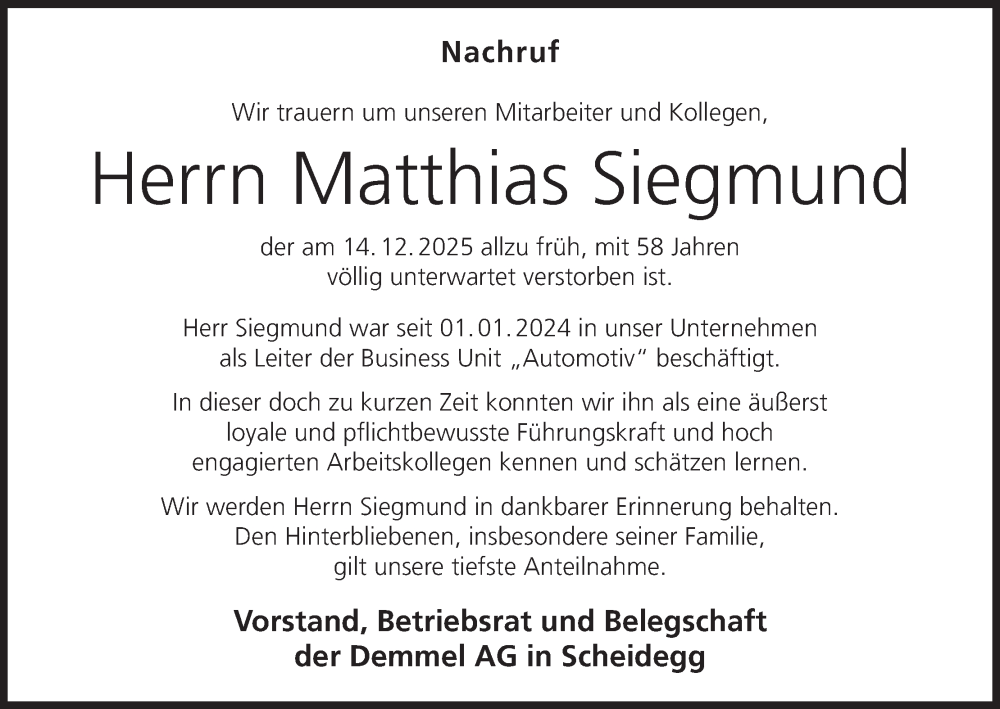  Traueranzeige für Matthias Siegmund vom 20.12.2025 aus MGO