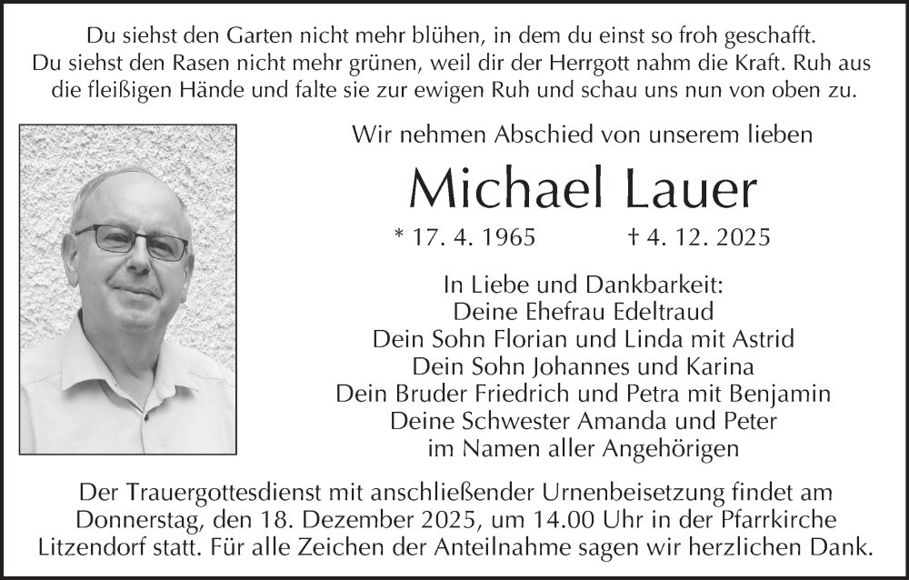  Traueranzeige für Michael Lauer vom 13.12.2025 aus MGO