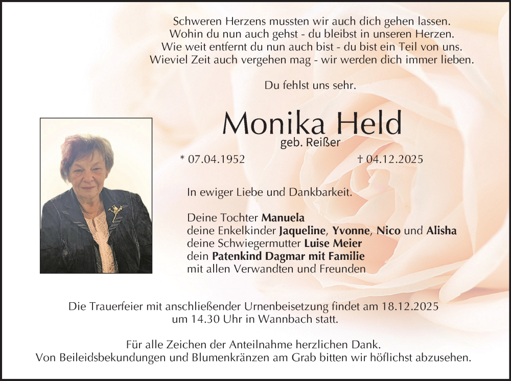  Traueranzeige für Monika Held vom 13.12.2025 aus MGO