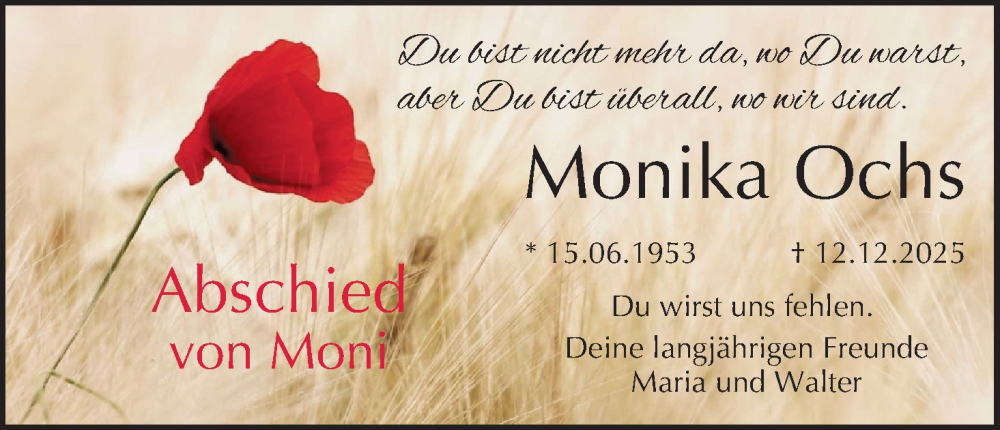  Traueranzeige für Monika Ochs vom 20.12.2025 aus MGO