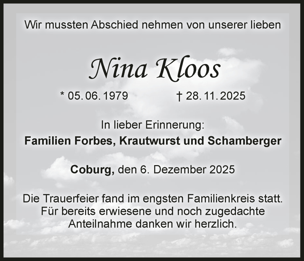  Traueranzeige für Nina Kloos vom 06.12.2025 aus MGO