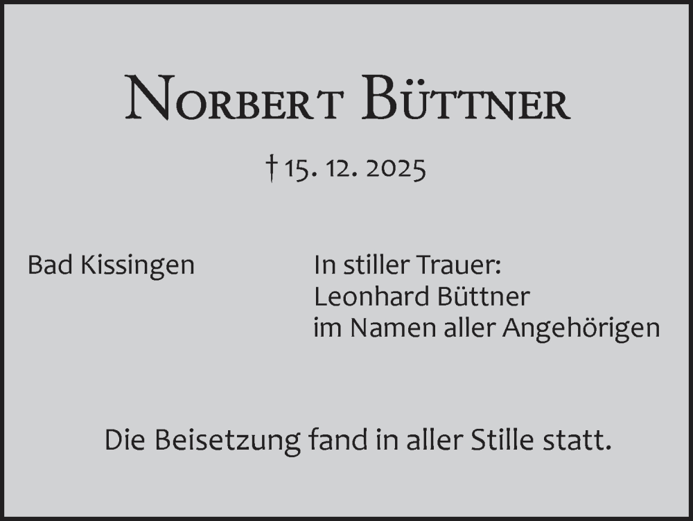  Traueranzeige für Norbert Büttner vom 27.12.2025 aus MGO