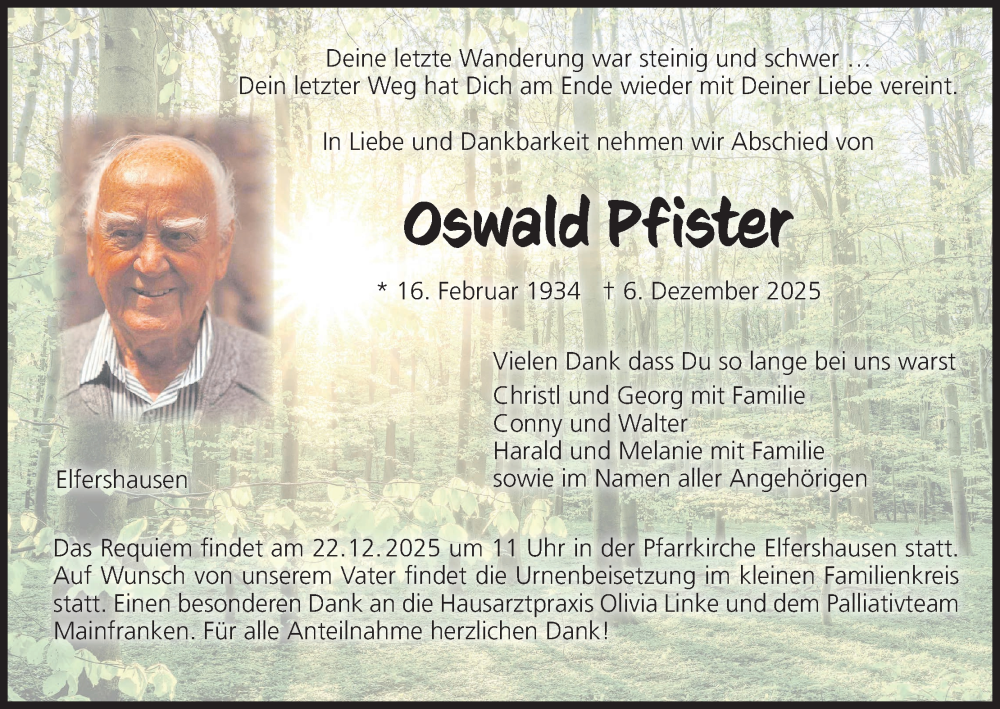  Traueranzeige für Oswald Pfister vom 20.12.2025 aus MGO
