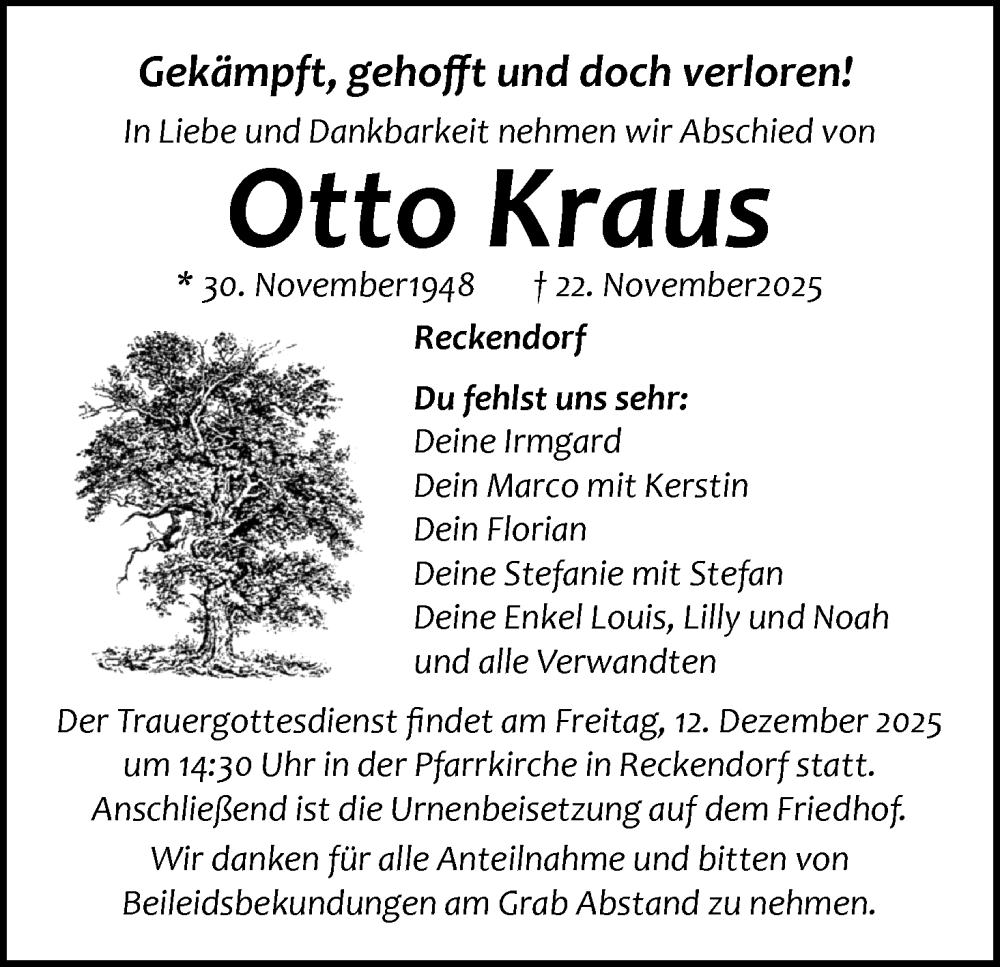  Traueranzeige für Otto Kraus vom 06.12.2025 aus MGO