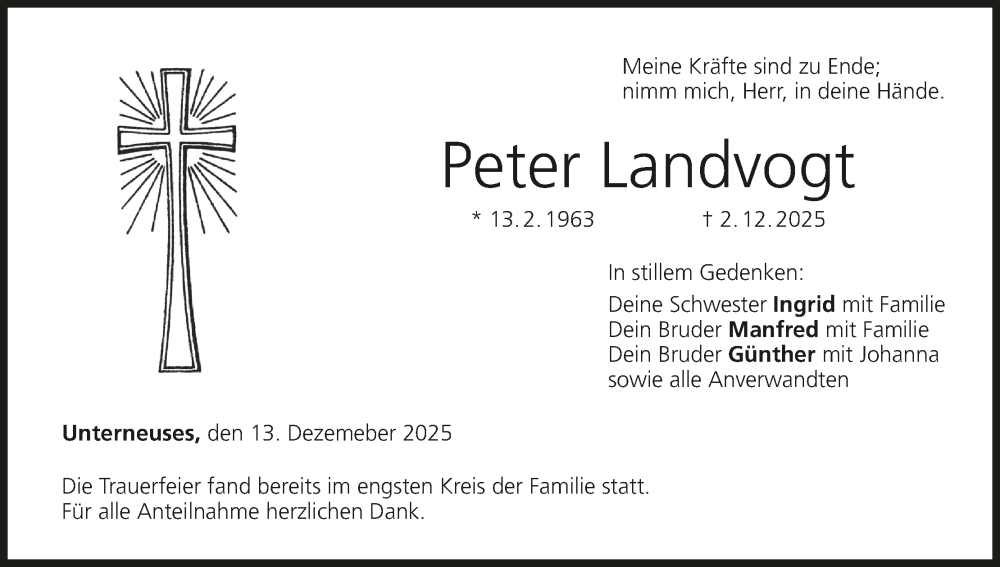  Traueranzeige für Peter Landvogt vom 13.12.2025 aus MGO