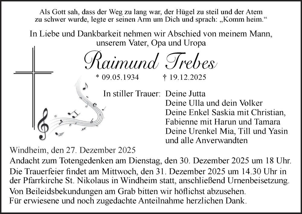  Traueranzeige für Raimund Trebes vom 27.12.2025 aus MGO