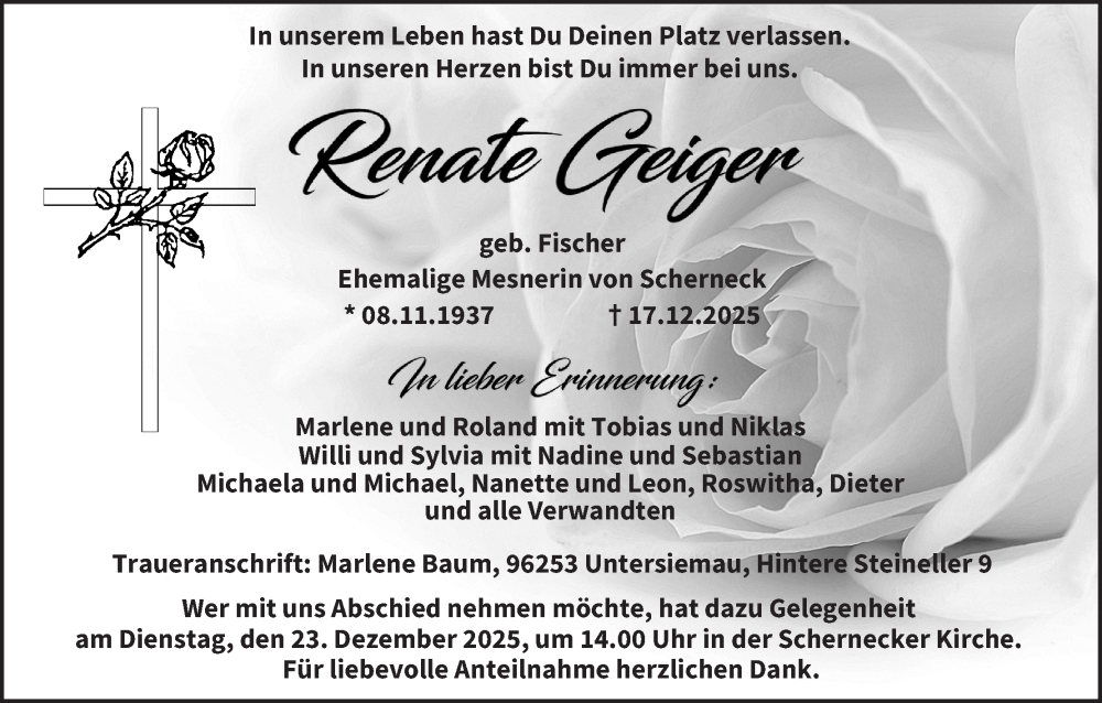  Traueranzeige für Renate Geiger vom 20.12.2025 aus MGO