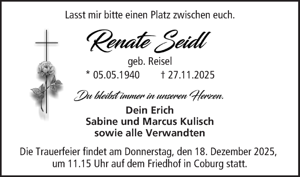  Traueranzeige für Renate Seidl vom 13.12.2025 aus MGO
