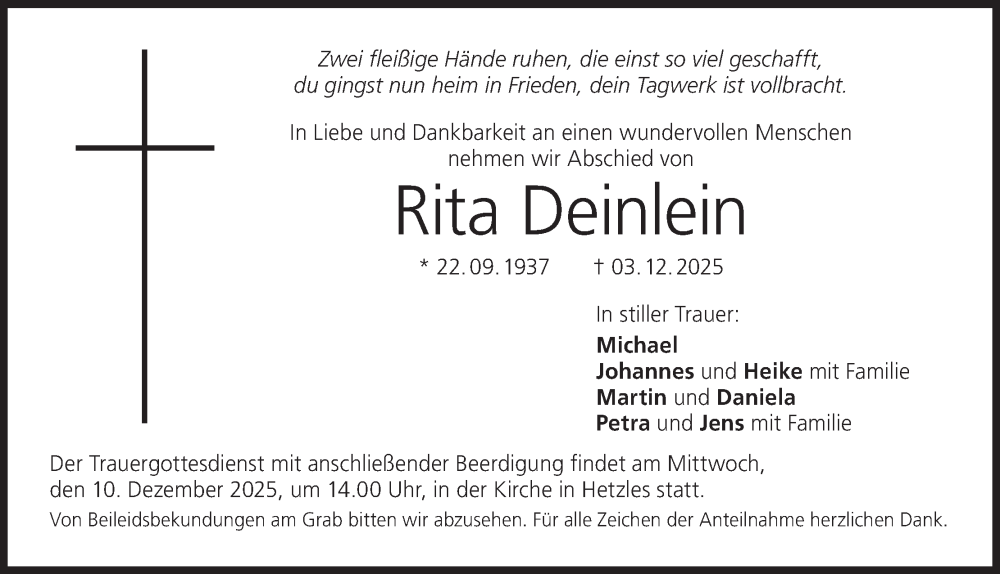  Traueranzeige für Rita Deinlein vom 06.12.2025 aus MGO