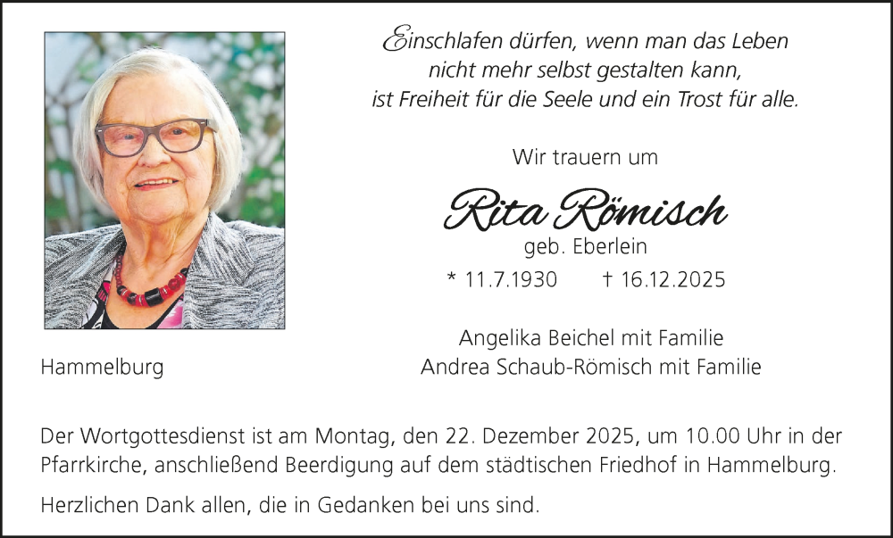  Traueranzeige für Rita Römisch vom 20.12.2025 aus MGO