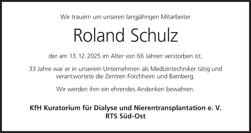  Traueranzeige für Roland Schulz vom 20.12.2025 aus MGO