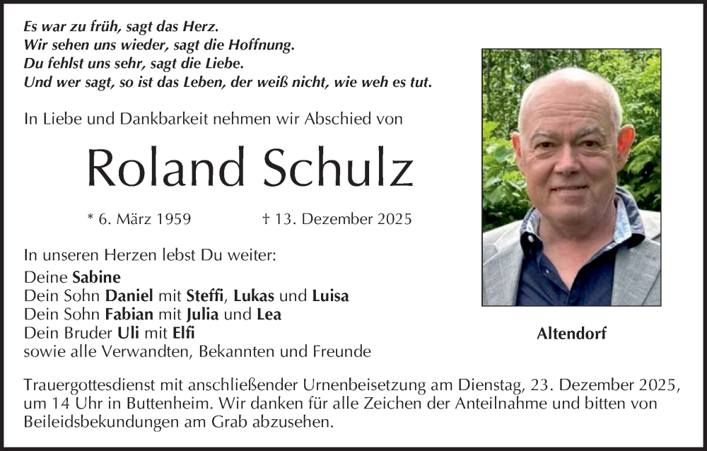  Traueranzeige für Roland Schulz vom 19.12.2025 aus MGO