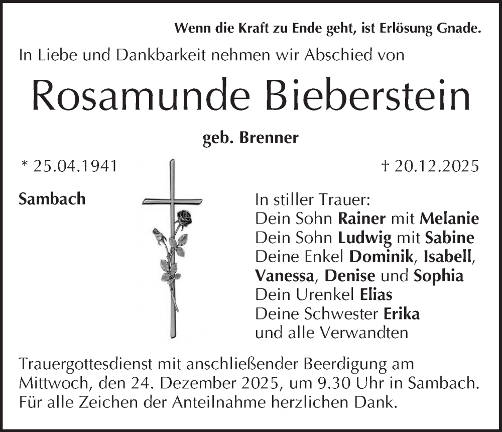  Traueranzeige für Rosamunde Bieberstein vom 23.12.2025 aus MGO