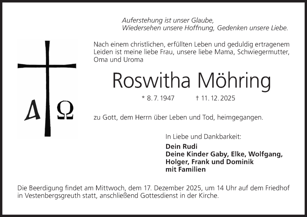  Traueranzeige für Roswitha Möhring vom 16.12.2025 aus MGO