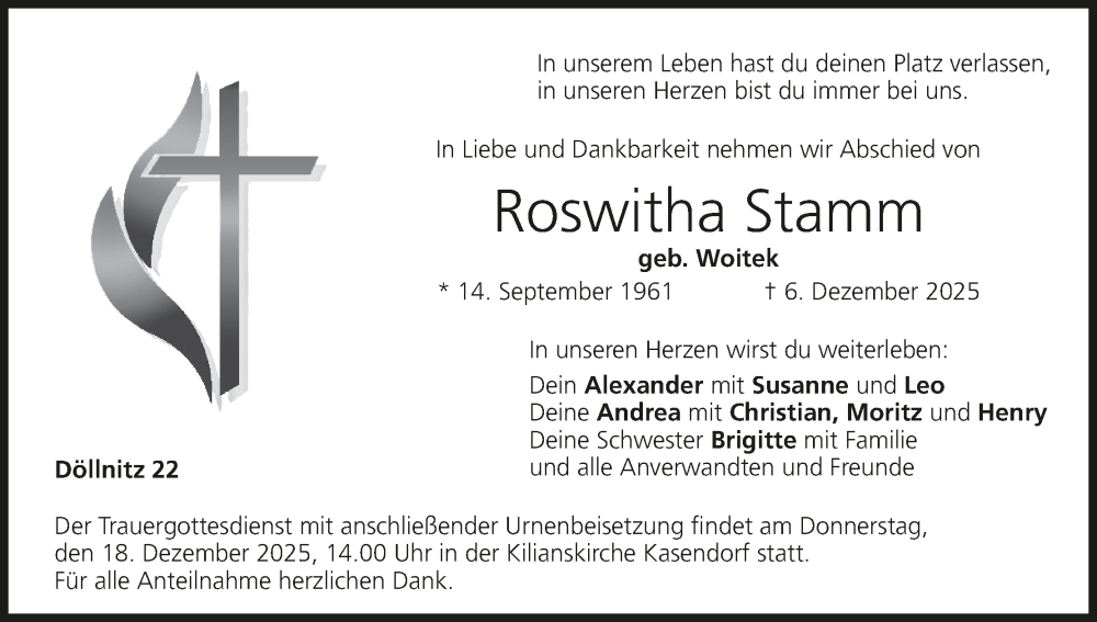  Traueranzeige für Roswitha Stamm vom 16.12.2025 aus MGO