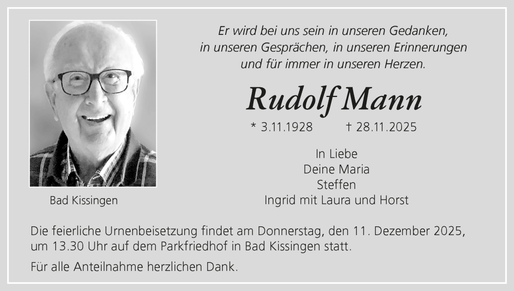  Traueranzeige für Rudolf Mann vom 06.12.2025 aus MGO