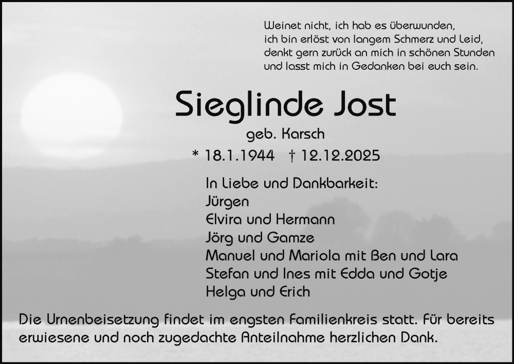  Traueranzeige für Sieglinde Jost vom 20.12.2025 aus MGO
