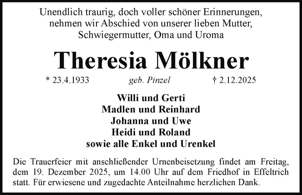 Traueranzeige für Theresia Mölkner vom 13.12.2025 aus MGO