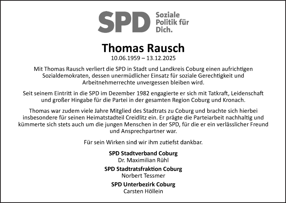 Traueranzeige für Thomas Rausch vom 23.12.2025 aus MGO
