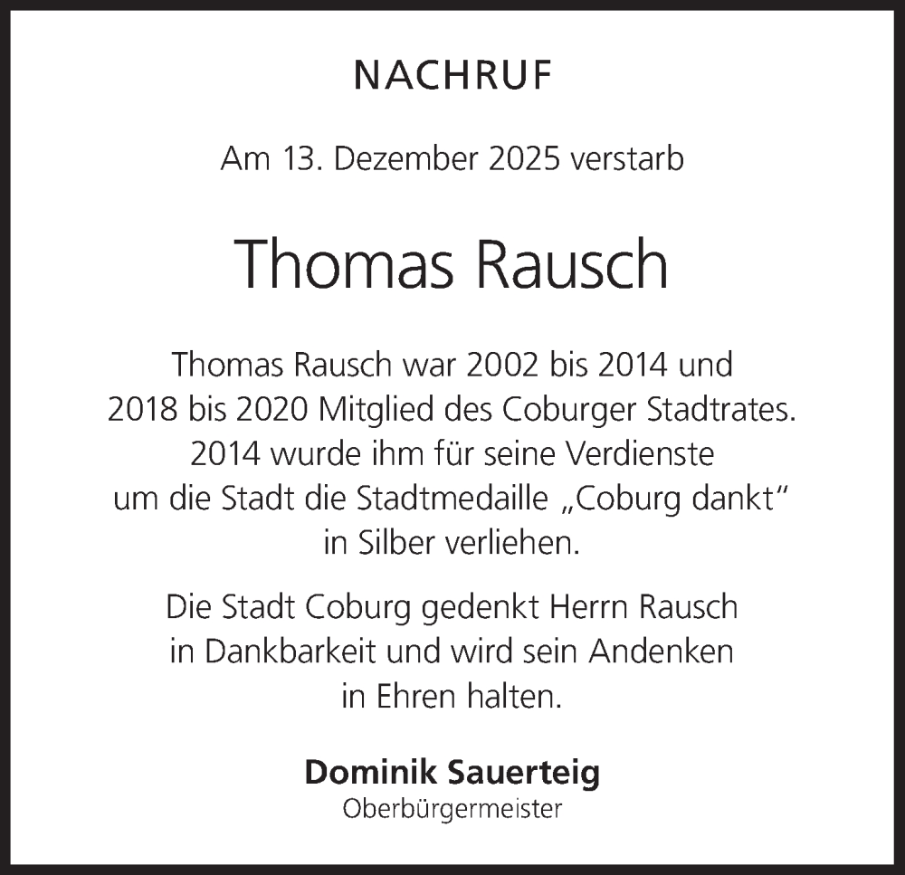  Traueranzeige für Thomas Rausch vom 24.12.2025 aus MGO