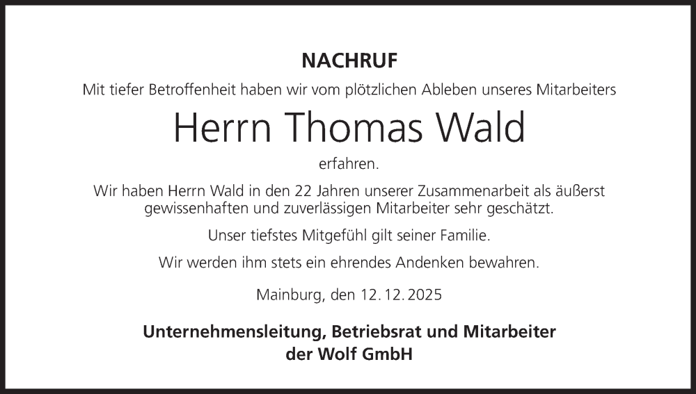  Traueranzeige für Thomas Wald vom 12.12.2025 aus MGO