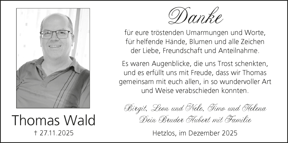  Traueranzeige für Thomas Wald vom 27.12.2025 aus MGO