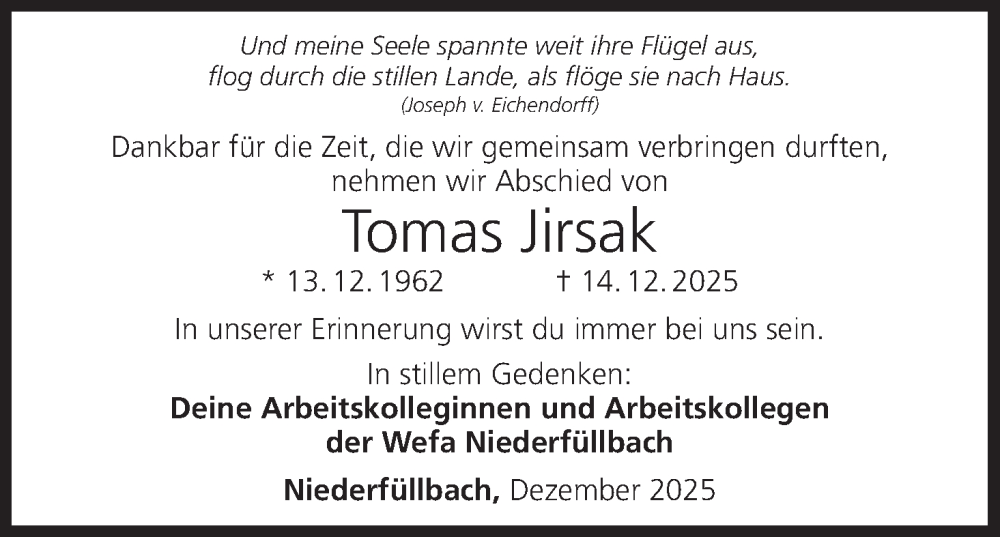  Traueranzeige für Tomas Jirsak vom 20.12.2025 aus MGO