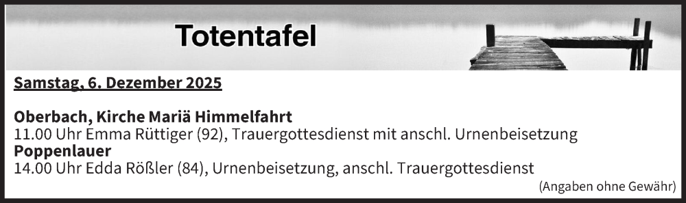  Traueranzeige für Totentafel vom 06.12.2025 vom 06.12.2025 aus MGO