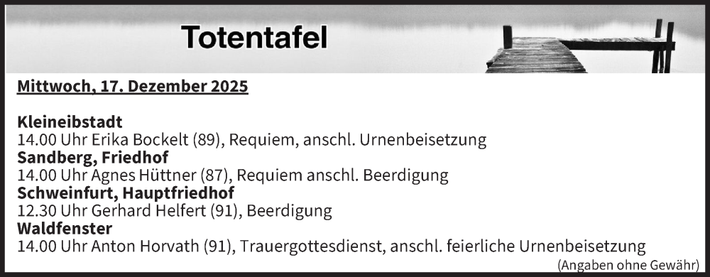  Traueranzeige für Totentafel vom 17.12.2025 vom 17.12.2025 aus MGO