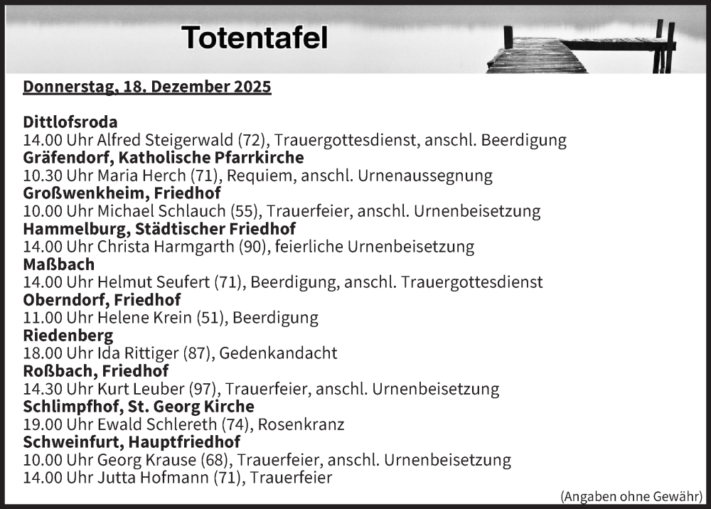  Traueranzeige für Totentafel vom 18.12.2025 vom 18.12.2025 aus MGO